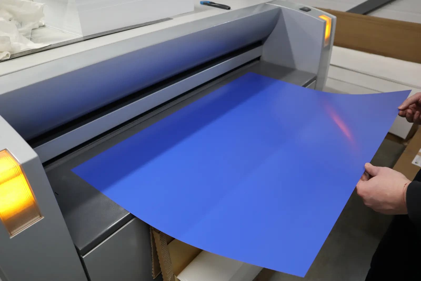 Пластину заводят в аппарат для вывода форм